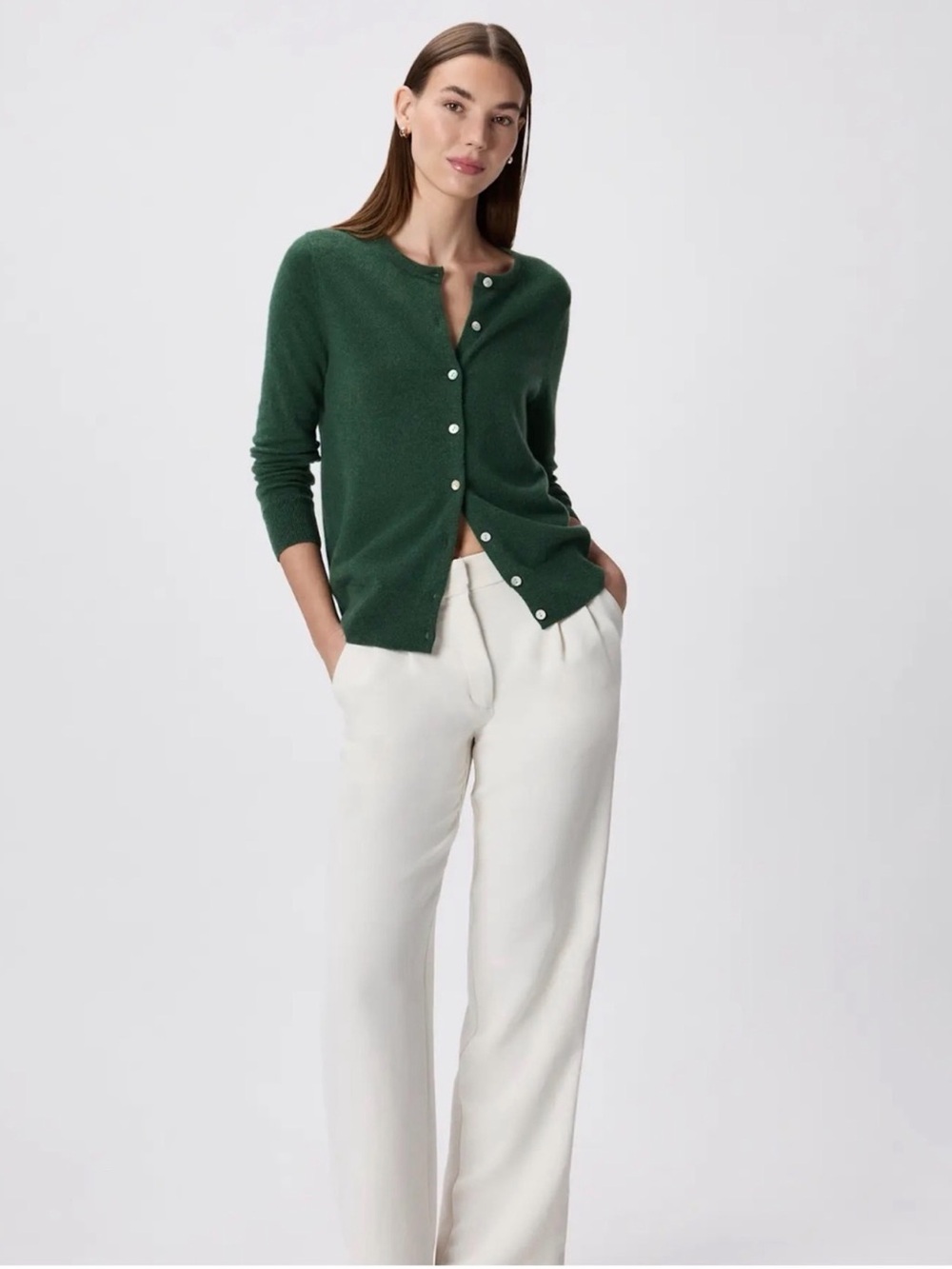 Quince Forest Green Cashmere Crewneck Cardigan - Picture 2 of 8